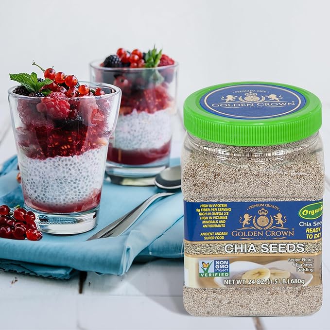 Golden Crown Organic Chia Seeds | Gluten Free, Non GMO, & Vegan White Chia Seeds Organic | Omega-3 & Fiber to Support Energy and Satiety | Ideal for Chia Puddings, Smoothies & Baking | 24 Oz (1.5 Lb)