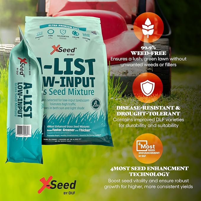 A-List Low Input Mixture Lawn Seed - Premium Grass Seeds for Lawn Repair Over Seeding and Thickening Ideal for Low Maintenance Drought-Resistant Lawn for High Traffic Sun and Light Shade Mix, 7 Pounds