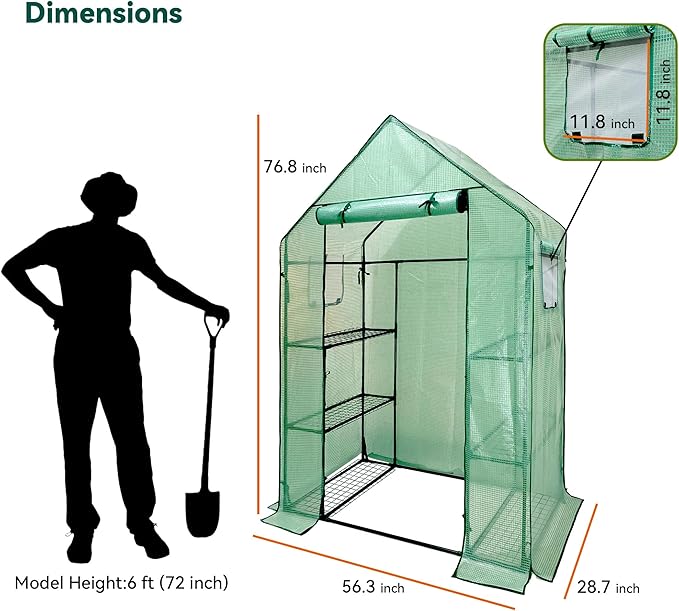 Heyfurni Walk in Greenhouse with Shelves,Walk-in Plant Green House with Durable Green PE Cover, 3 Tiers 6 Shelves Stands with Ground Pegs & Ropes for Stability, 56"x28"x76"