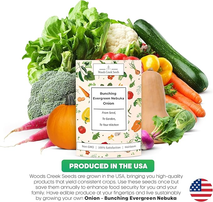 Woods Creek Seeds: Bunching Evergreen Nebuka White Onion Seeds for Planting - Heirloom Green Onion Seeds for Planting - Non-GMO Heirloom Seed Pack of Crisp Onions for Outdoors and Home Gardening