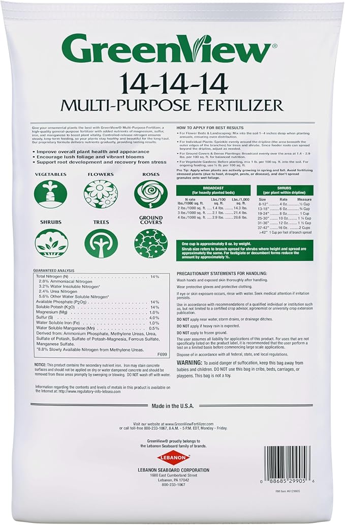 GreenView Multi-Purpose Fertilizer, NPK 14-14-14; 15 lb. Bag - Plant Food Feeds Vegetables, Flowers, Trees and shrubs for up to 4 Months - Covers up to 1,050 sq. ft.