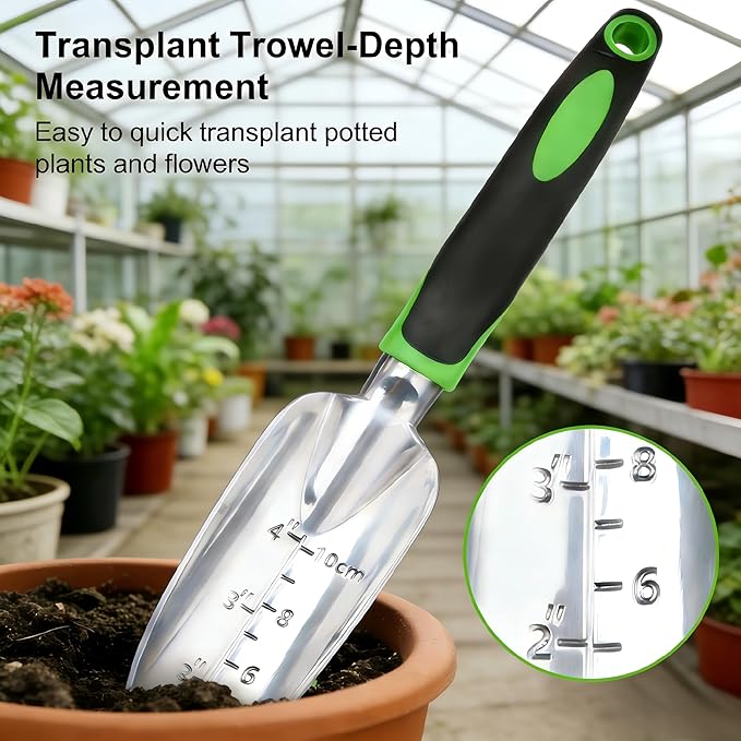 Garden Tools Set, 3-Piece Heavy Duty Gardening Hand Tools, Rust-Proof Cast Aluminum Construction with Soft Non-Slip Rubber Grips, Ideal for Digging, Planting, Weeding & Transplanting (Green)