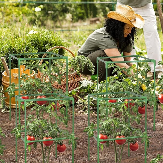 ZeeDix 45 Inch Tomato Cages 2 Pack, Heavy Duty Adjustable Metal Garden Plant Supports for Climbing Vegetables - Square Cage for Tomatoes, Cucumbers, Peas, Flowers with 20 Plant Clips