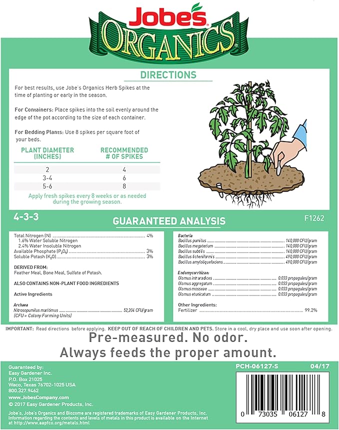 Jobe’s Organics Herb Garden Fertilizer Spikes, Easy Plant Care Organic Fertilizer for Herb Gardens, 50 Count