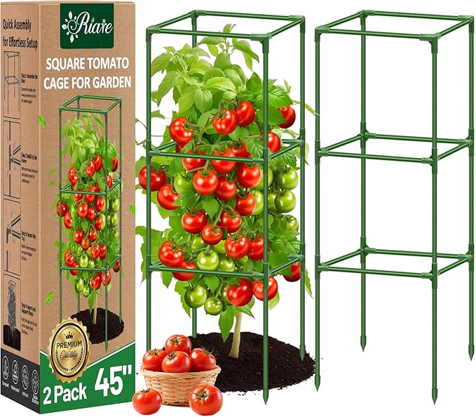 Riare 2 Pack Square Tomato Cages for Garden Plant Support- 45 Inch Heavy Duty Tomato Cage Garden Stakes Tomato Trellis for Climbing Plants Vegetables Flowers Outdoor Indoor