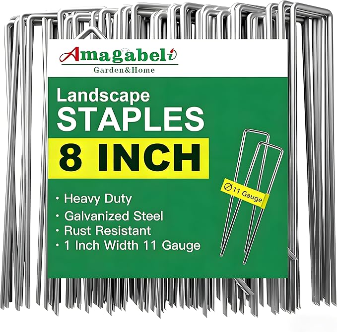 AMAGABELI GARDEN & HOME 300 Pack Galvanized Landscape Staples 8 Inch 11 Gauge Garden Staples Garden Stakes Plant Cover Stakes U-Shaped Landscape Stakes Landscape Pins for Weed Barrier Fabric
