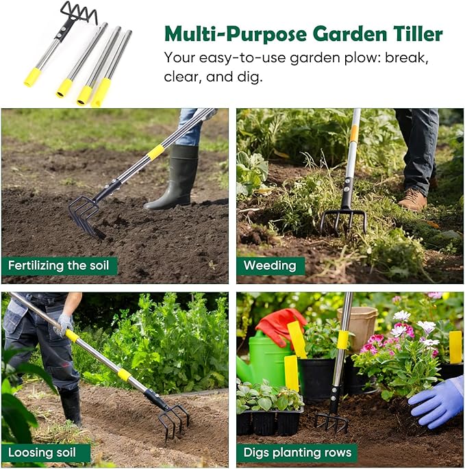Garden Hand Tiller Cultivator, 4-Tine Adjustable Long Handle, Heavy Duty Weeding Tool for Raised Beds, Rust-Resistant Soil Loosener for Flower & Vegetable Gardens