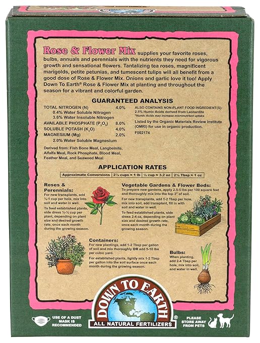 Down To Earth All Natural Fertilizers Organic Rose & Flower Mix - Plant Food for Roses, Bulbs, Flowers and Ornamentals 4-8-4, 5 lb