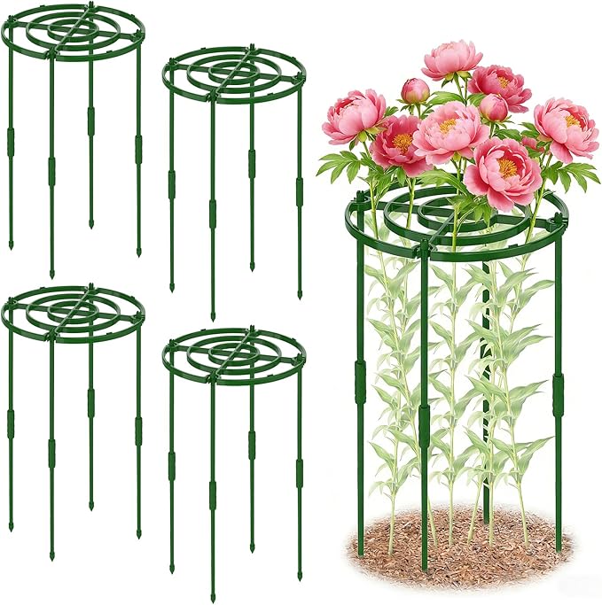 4 Pack Peony Cages and Supports, 11.8" D x 25" H Plant Supports for Outdoor Plants, Peony Support Cage Flower Support Rings, Plant Support Ring for Rose Tomato Hydrangea Strawberry