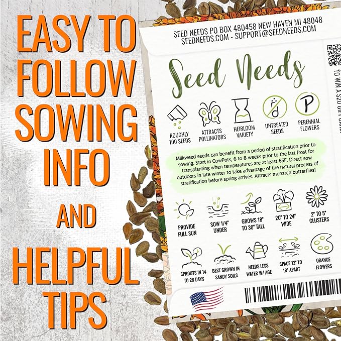 Seed Needs Milkweed Seeds for Planting Butterfly Orange/Swamp Pink Asclepias Flowers - Heirloom Wildflowers to Attract Monarch Butterflies to a Butterfly Garden