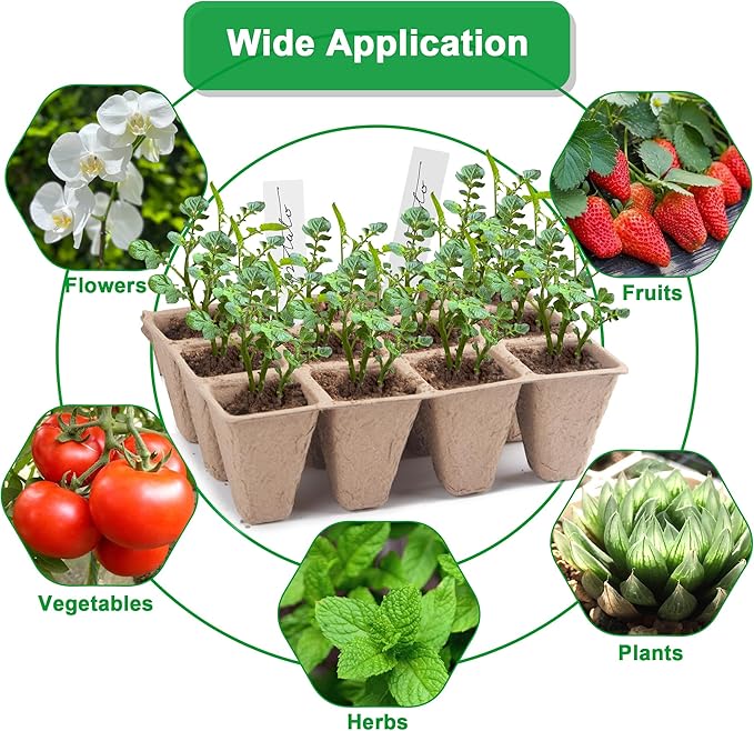 QDBNW 120 Cells Seed Starter Tray Kit, Biodegradable Peat Pots for Seedlings Trays, Plant Starter Seed Germination Kit with 20 Labels and 2 Transplant Tools (10, 120 Cells)