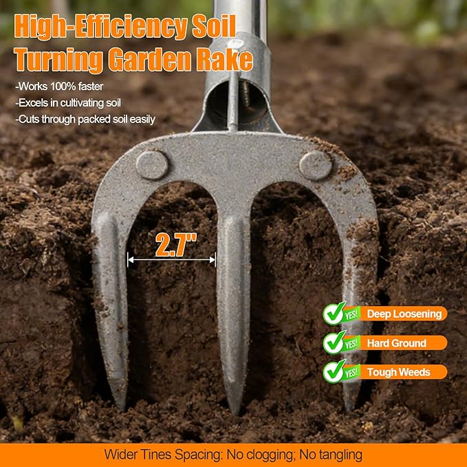Long Handle Hand Rake Garden Tool, 62" Stand Up Weeding Rake with D-Grip, Heavy Duty 3-Tine Cultivator for Soil Loosening, Digging & Planting, Carbon Steel Tiller for Standing Weeding