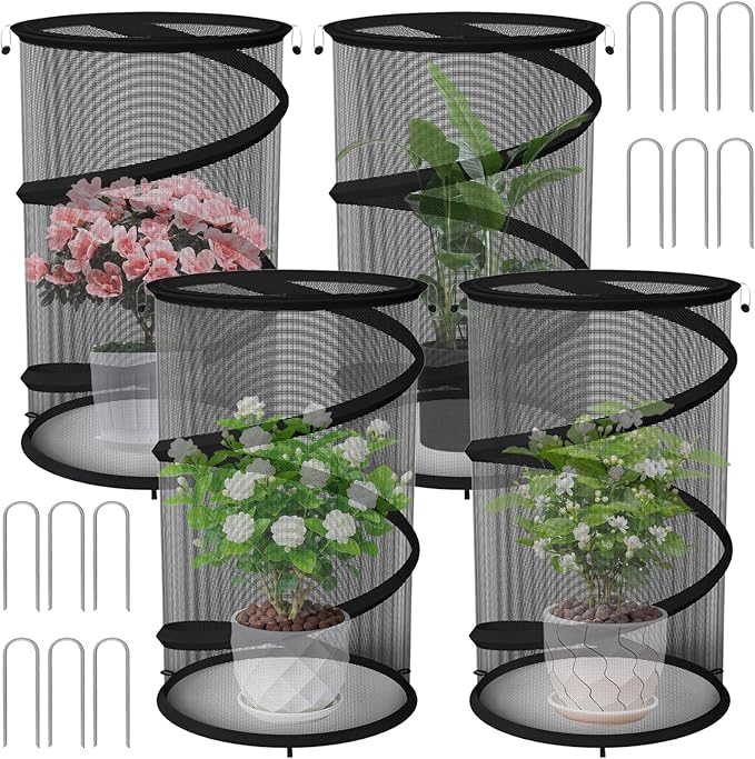 4 Pack Pop up Plant Guard Covers Tent from Animals Black, 19.6" x 11.8" Foldable Plant Protectors Mesh Net, Garden Plant Enclosure Protection Cage with Stakes & Carry Bag for Outdoor Plants
