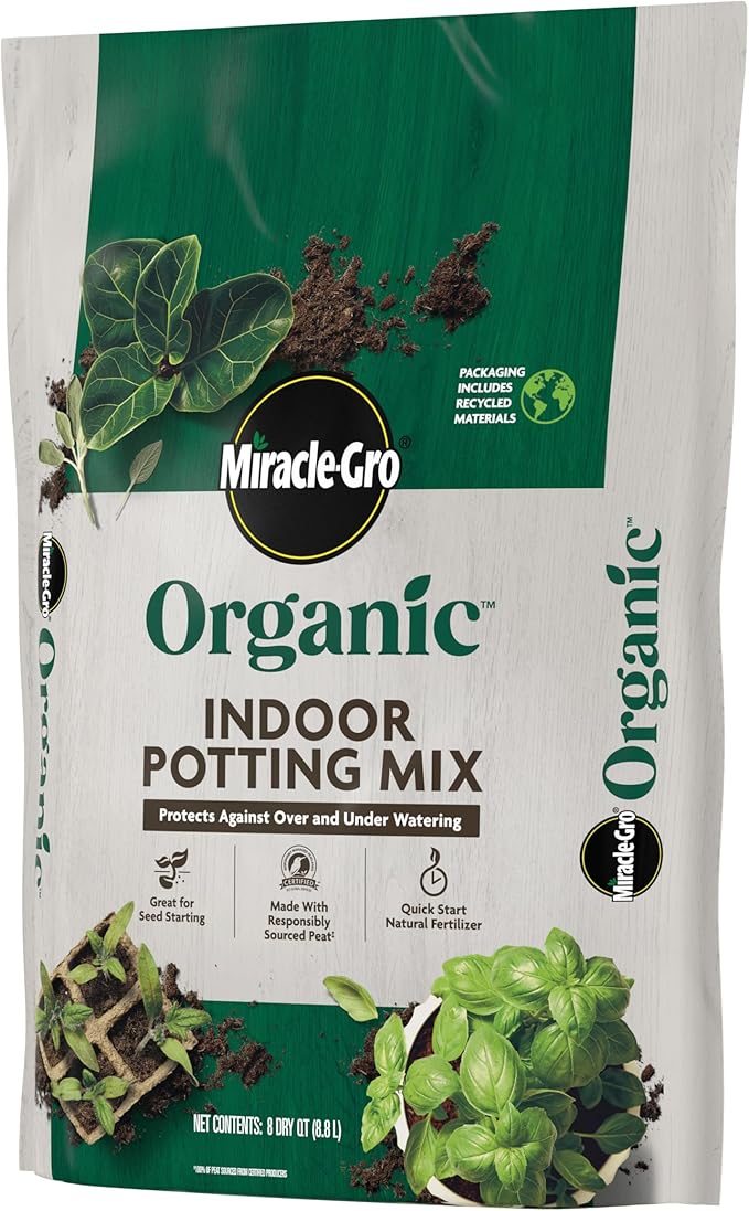 Miracle-Gro Organic Indoor Potting Mix - Protects Against Over and Under Watering, Planting Soil for Indoor Container Plants, Houseplants and Starter Plants, OMRI Listed, 8 qt. (2-Pack)