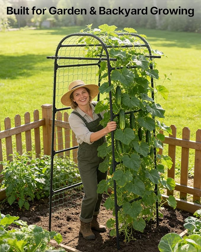 Suteck Garden Arch Cucumber Trellis – 85" Metal Garden Trellis Arch with Nylon Net for Climbing Vegetables, Vertical Plant Support for Raised Beds, Backyards & Patios, Ideal for Home Gardeners