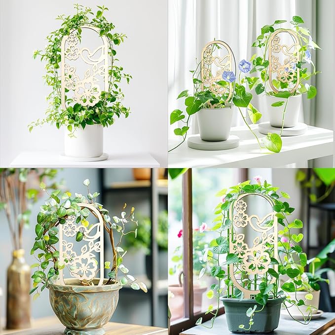 SNAIL GARDEN 2Pcs Small Trellis for Indoor Plants with Bird and Flower Pattern,Wooden Indoor Plant Trellis for Climbing Plants with 100Pcs Green Cable Zip Ties,House Plant Trellis for Potted Plants