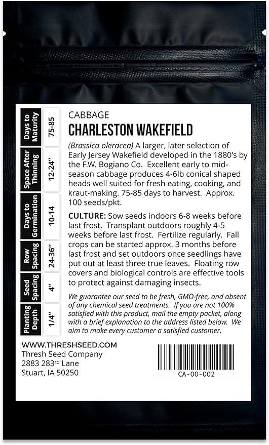 Charleston Wakefield Cabbage - 100 Seeds - Heirloom & Open-Pollinated Variety, Non-GMO Vegetable Seeds for Planting Outdoors in The Home Garden, Thresh Seed Company