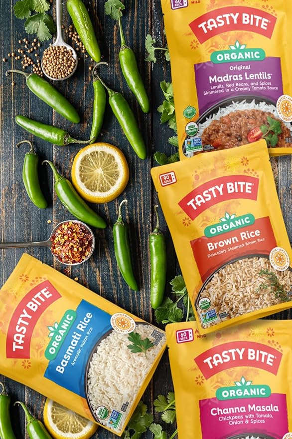 Tasty Bite Variety, Pack of 8, Madras Lentils, Bombay Potatoes, Vegetable Tikka Masala, Channa Masala, 3Bean Madras Lentils, Split Pea & Turmeric Curry, Coconut Squash Dal, Chickpea Coconut and Turmeric Curry