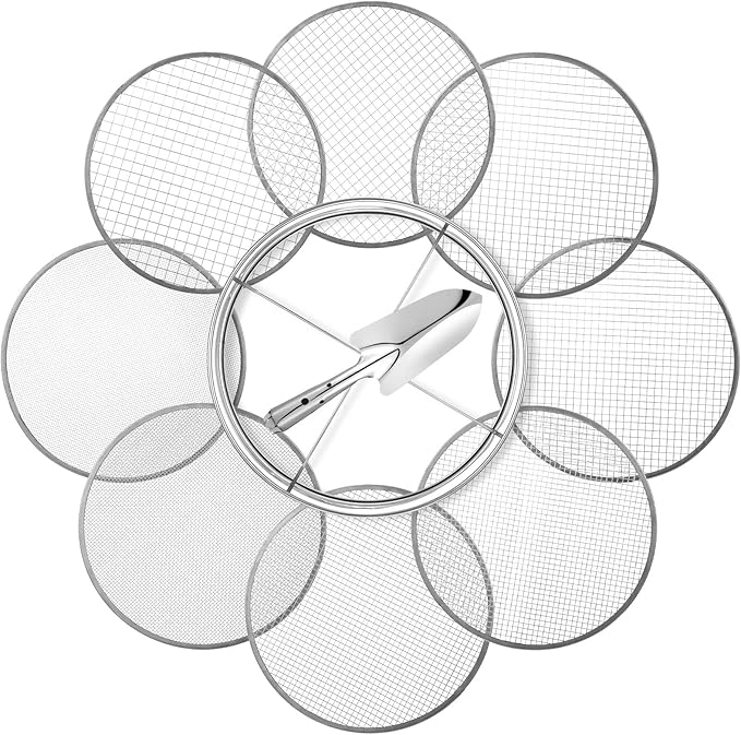 Bonuci 10 Pcs 12 Inch Soil Sieve Stainless Steel Sieve Set Garden Soil Sifter Potting Mix Sifter with 8 Interchangeable Filter Mesh 2, 3, 5, 6, 7, 9, 10, 12 mm and Shovel for Garden Compost(Silver)