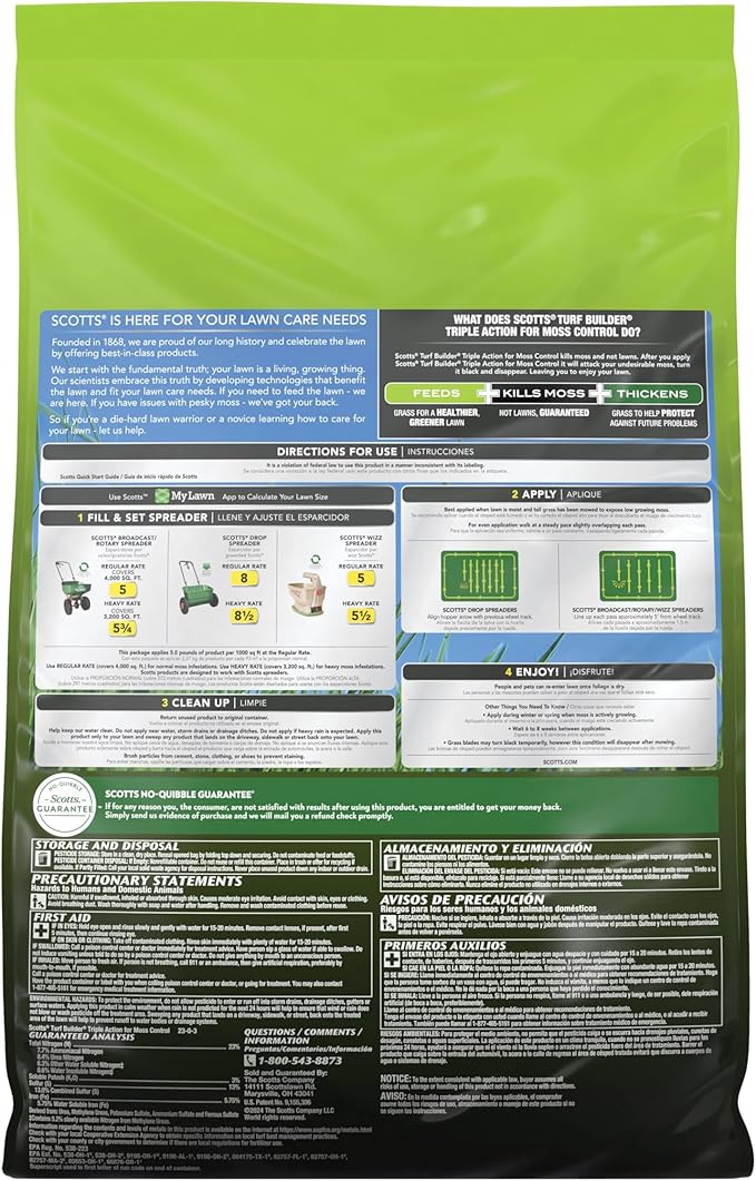 Scotts Turf Builder Triple Action for Moss Control - Moss Killer and Lawn Fertilizer, Lawn Care, Covers Up to 4,000 sq. ft., 20 lb.