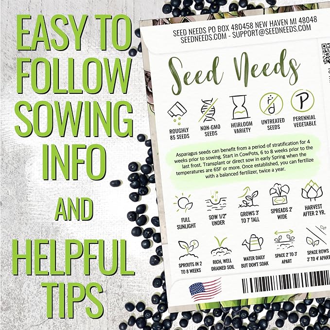 Seed Needs Asparagus Seeds for Planting Mary Washington Asparagus - Non-GMO Heirloom & Untreated Perennial Veggie Seed to Plant an Outdoor Home Grown Garden (5 Packs)