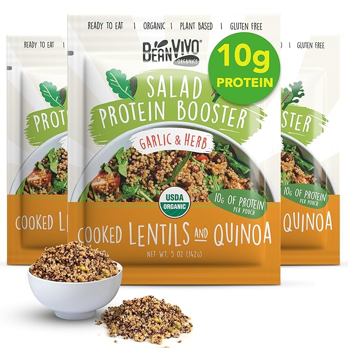 BeanVIVO 3-Pack Salad Protein Booster - Organic cooked Lentils & Quinoa with Garlic & Herbs, delivering a burst of taste and 10g of protein-packed goodness in every pouch 5oz