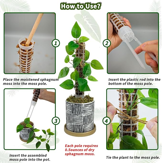 Small Moss Pole for Monstera - Stackable & Refillable Plastic Moss Poles for Climbing Plants with Large Mesh Design (12Pack-White-Small)