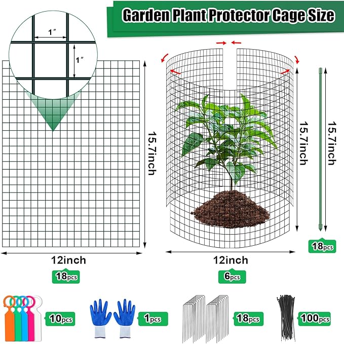 6 Set Wire Plant Protector from Animals - 12"x16" 18Pcs Metal Mesh Plant Cage Covers, Dual Secure with U-Stake & Support, Garden Rabbit Barricade Chicken Wire Cloche for Plants Shrubs Vegetable Flower