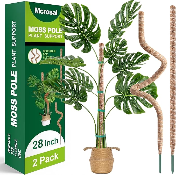 2 Pack 28'' Bendable Moss Pole Monstera Plant Support for Indoor Climbing Plants, Tall Plant Stick Support Stake for Potted Plants, Pothos, Philodendron