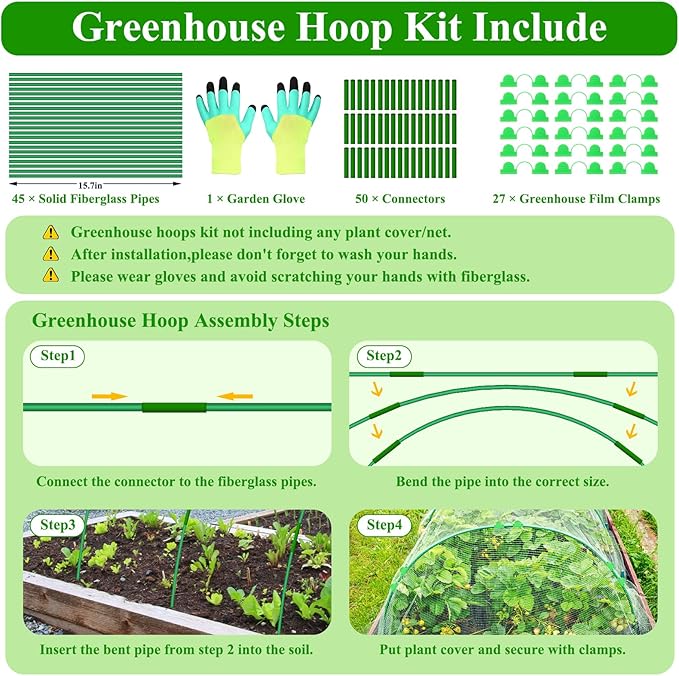 45 PCS Garden Hoops for Raised Beds 9 Sets Garden Tunnel Hoops Greenhouse Hoops Grow Tunnel, Upgrade Rust-Free Fiberglass Garden Hoop for Row Netting Cover, DIY Garden Support Hoop Arch Frame