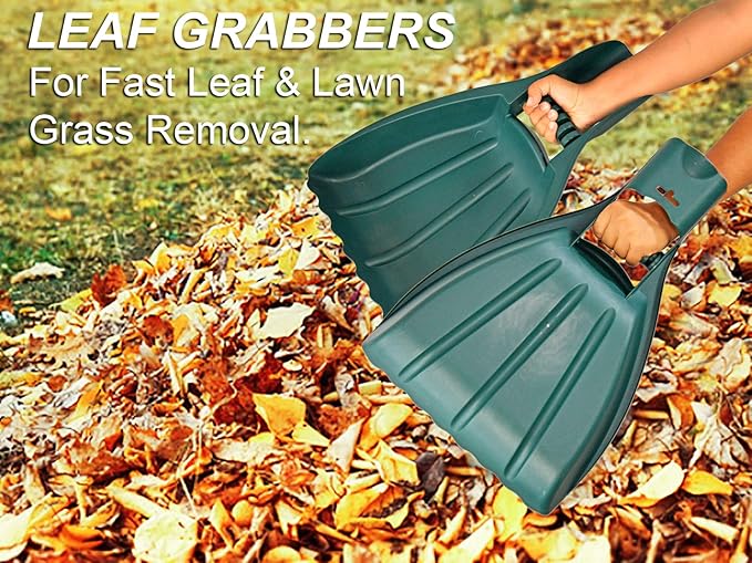Home-X Leaf Collector Hand Scoop Set, Leaf Collector Shovels with Handles for Garden and Yard Landscaping, Gardening Hand Tools, Set of 2, 21" L x 14" W x 2" H, Green
