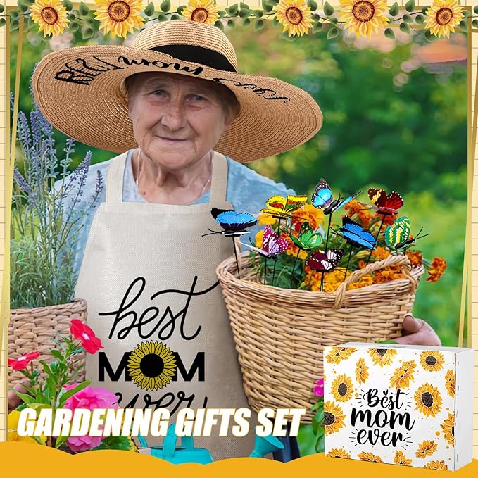 Lasnten 16 Pcs Mothers Day Garden Gift for Mom Women Gardening Supplies Birthday Garden Tools Set from Daughters Gloves Apron Insulation Cup Fork Trowel Tote Bags for Plant Lover Present