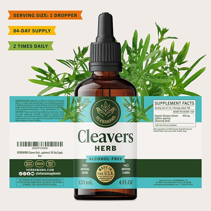 HERBAMAMA Cleavers Herb Tincture - Vegan Natural Detox & Cleanse Support with Cleavers Leaf Extract Drops - Non-GMO, Alcohol & Sugar-Free Liquid Herbal Supplement, 84-Day Supply