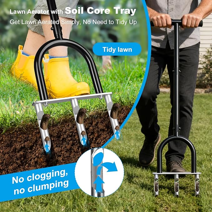 Manual Lawn Aerator Tool, 3 Hollow Tines Plug Lawn Core Aerator, Heavy Duty Hand Soil Aerator Tool with Adjustable Handle, Grass Aeration Garden Tools for Lawn Care, Compacted Soil, Yard