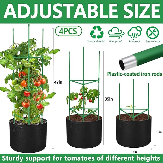 4 Packs 47 x 12 Inch Garden Tomato Cages with Grow Bags- Triangle Plant Support Trellis Assembled with Planter Bags- Garden Cucumber Vegetables Frames for Vertical Climbing Plants
