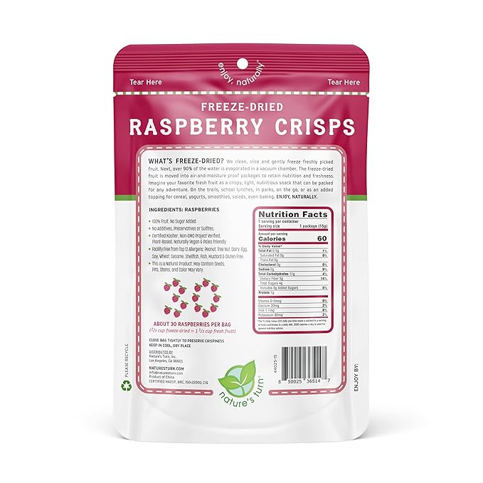 Nature’s Turn Freeze-Dried Raspberry Crisps – Healthy, Gluten-Free, Crispy & Delicious, Plant-Based Snack, Ideal for Cereal, Smoothies, School Lunches, & On-the-Go, Bags of 12 (0.53 oz Each)