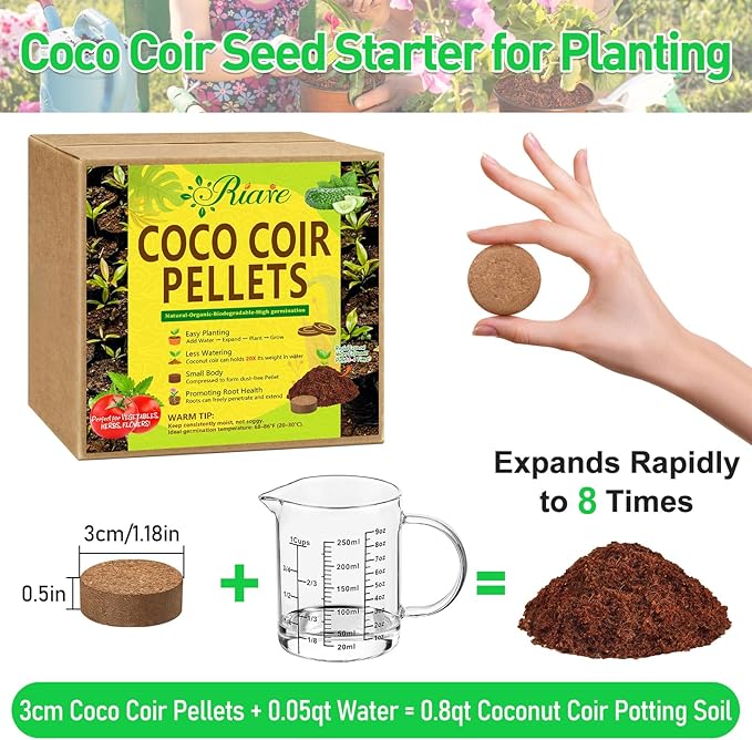 Riare 50 Pcs 30mm Organic Coco Coir Seed Starter Soil, Compressed Coconut Coir Potting Soil Mix for Seed Starting, Coconut Fiber Pellet for Planting Indoor & Outdoor Plants, Vegetables, Garden
