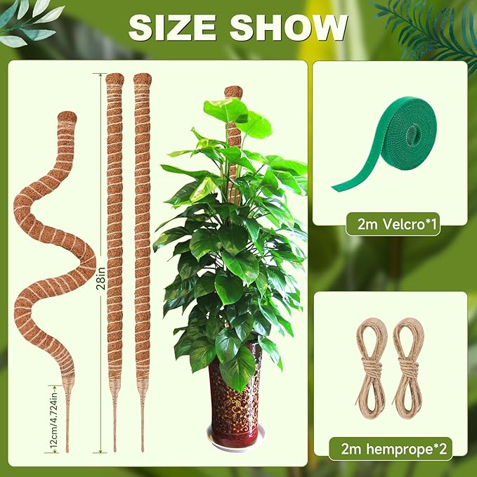 3-Pack 28 Inch Moss Pole for Climbing Plants – Natural Coir Poles with Adjustable Velcro Straps & Hemp Rope, Plant Stakes for Monstera, Pothos & Indoor Houseplants