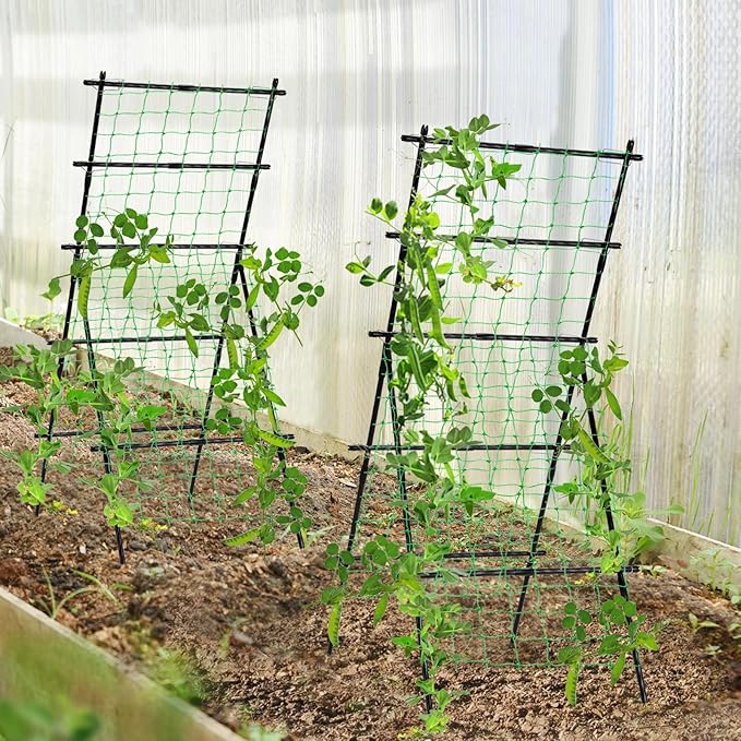 Cucumber Trellis A Frame Garden Trellis, Vertical Plant Support with Netting for Raised Bed Backyard Gardening, PE Coated Steel Climbing Trellis for Cucumbers Tomatoes Beans
