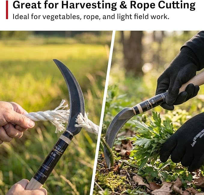 HONEN Japanese Real Edge Saw Sickle, SK-5 Steel Blade with Micro-Chisel Edge for Harvesting, Rope Cutting, and Grass Cutting, Made in Japan