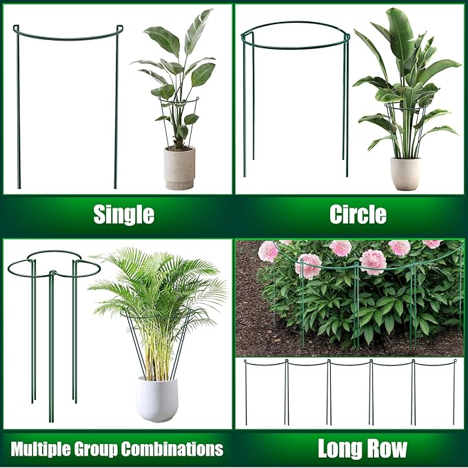 8 Pack Peony Support Cages, 10" W x 24" H Half Round Peony Plant Supports, Heavy Duty Metal Plant Support Stakes, Green Garden Plant Support Rings for Peony, Hydrangea, Roses & Flowers
