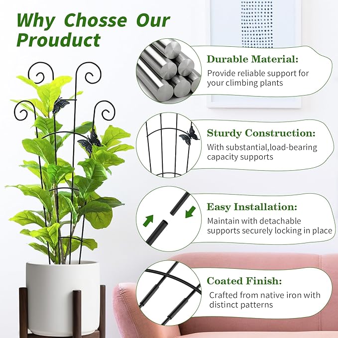 2 Pack 30 Inch Taller Plant Trellis for Potted Climbing Plants Indoor,Expandable Metal Garden Trellis for Climbing Plants,Flowers Vine Ivy, Sturdy Houseplant Support for Potted Plants with Ties
