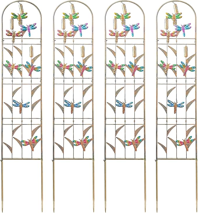 aboxoo Set of 4 Packs Dragonfly Metal Garden Trellis for Climbing Plants,Outdoor Decorative Flowers Arch Fence Trellis for Outdoor Patio,Garden,Lawn,Yard,Backyard,Wall Brackets,60'' H x 11'' W
