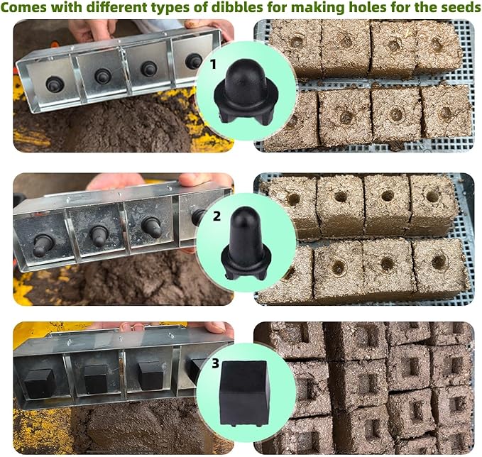 Hand-held Soil Blocker 4x2 Inch Seed Block Makers at a Time Soil Block Maker for Soil Block for Seed Start Garden Soil Potting Soil for Outdoor Plants (Plastic Seed pins)