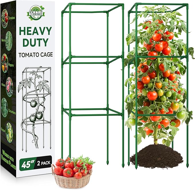 Halatool Heavy Duty Tomato Cages for Garden, 45 Inch Metal Square Tomatoes Cage,Adjustable Folding Tomato Trellis for Climbing Plants Vegetables Flowers Fruits,2 Pack