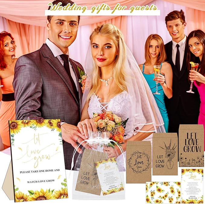 Ireer 301 Pcs Sunflower Wedding Favors for Guests Set Include 1 Wooden Sign 100 Let Love Grow Seed Packets Self Adhesive Wedding Envelopes 100 Let Love Grow Cards 100 Bags for Guest Bridal Shower