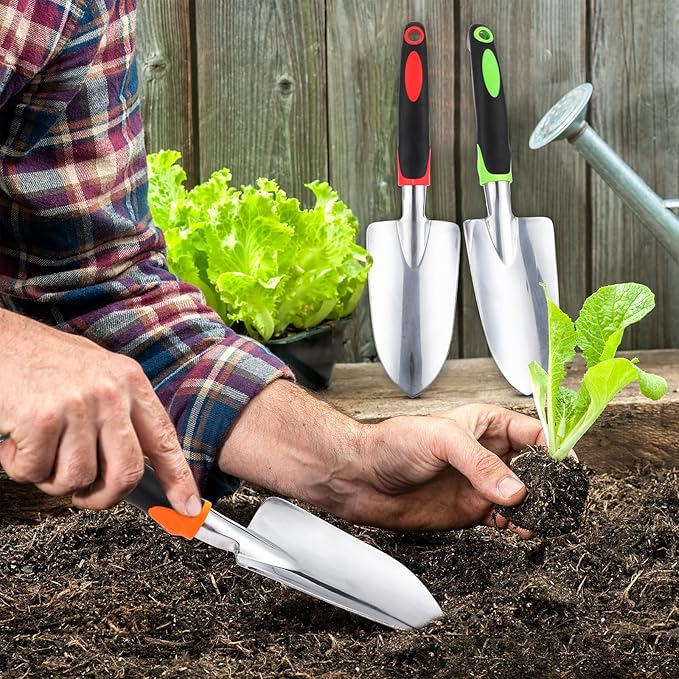 12 Pcs Garden Shovel Aluminum Alloy Heavy Duty Trowel Small Digging Shovels Metal Hand Trowel Spade with Soft Handle for Garden Lawn Yard Planting Tool (Wide Shovel,Yellow,Green,Orange,Red)