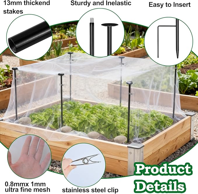 Metal Garden Netting Kit, 6 Pack 2.6ft Raised Garden Bed Net Support Stakes with 10´×13´ Fine Mesh Insect Netting 12pcs Clips Bird Barrier Screen Cover for Protect Plant Vegetable Row from Animals Bug