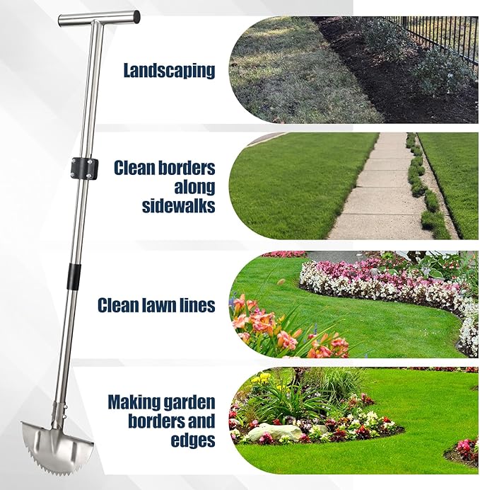Lawn Edger, 34"-49" Edger Lawn Tool, Heavy-Duty Stainless Steel with Adjustable Handle & Foot Pedal for Straight & Curved Edges, Ideal for Lawn Trimming, Home Garden Lawn Care, Yard Maintenance