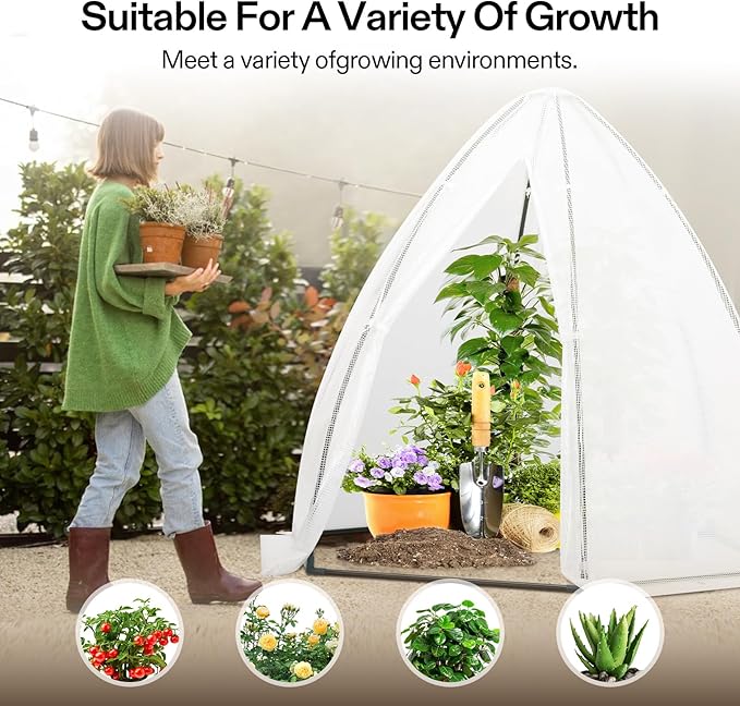 VIVOSUN Portable Mini Greenhouse 72x63x63-Inch Tent-Style Greenhouse, PE Cover with Roll-up Zipper Door and Window, for Indoor Outdoor or Garden Plant Growing, White